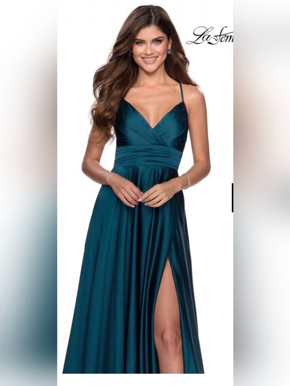 NWT La Femme Teal Satin A-Line Open Back Dress
